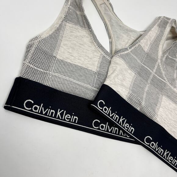 Calvin Klein NWT Plaid Modern Cotton Wireless Unlined Bralette 2 Pk XS Black Tan - Picture 2 of 6